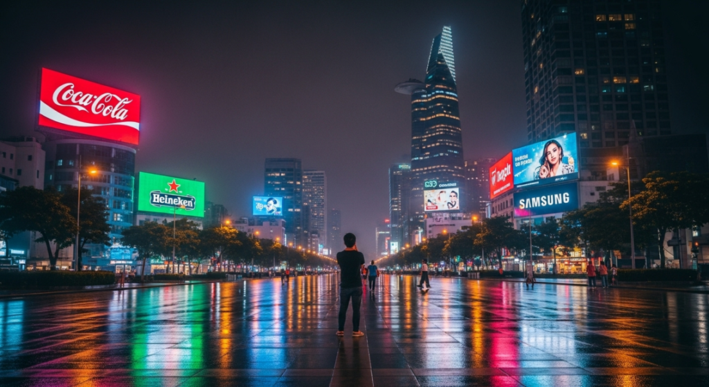 Quảng trường Nguyễn Huệ về đêm nhìn về Bitexco, ánh đèn quảng cáo Coca-Cola, Pepsi, Samsung phản chiếu trên mặt đường ướt.