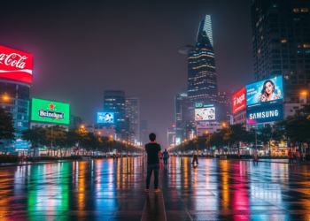 Quảng trường Nguyễn Huệ về đêm nhìn về Bitexco, ánh đèn quảng cáo Coca-Cola, Pepsi, Samsung phản chiếu trên mặt đường ướt.