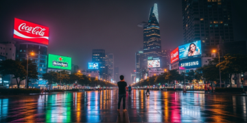Quảng trường Nguyễn Huệ về đêm nhìn về Bitexco, ánh đèn quảng cáo Coca-Cola, Pepsi, Samsung phản chiếu trên mặt đường ướt.