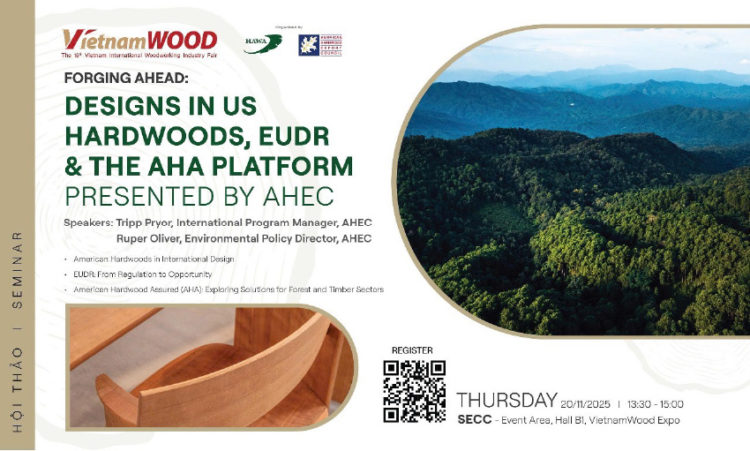 Đại diện AHEC và doanh nghiệp gỗ cứng Hoa Kỳ tại gian hàng AHEC ở hội chợ VietnamWood 2025 tại SECC TP.HCM.