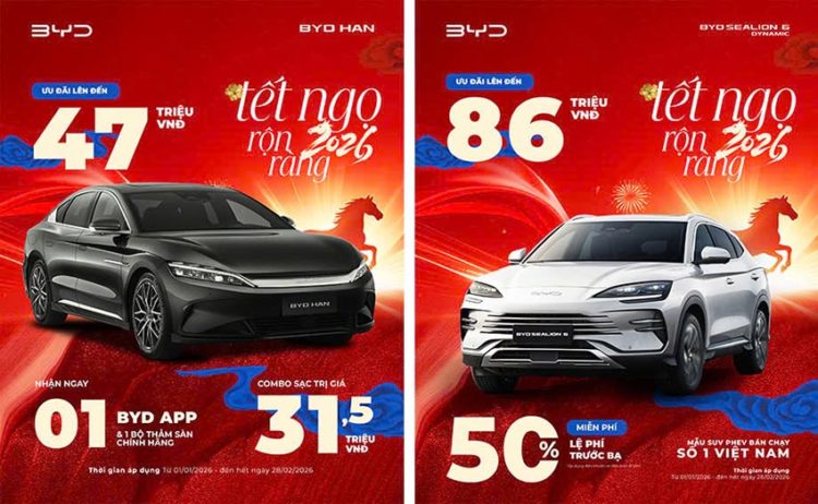 Showroom BYD Việt Nam với các mẫu xe điện và hybrid trưng bày đầu năm 2026