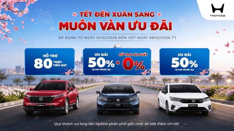 Các mẫu xe Honda CR-V, Civic e:HEV RS, City và HR-V trong chương trình ưu đãi tháng 2/2026 tại Việt Nam