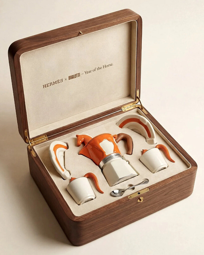 Concept Hermès x Bialetti Moka Pot với nắp hình ngựa màu cam và bộ tách espresso đồng bộ trong hộp gỗ óc chó - 6