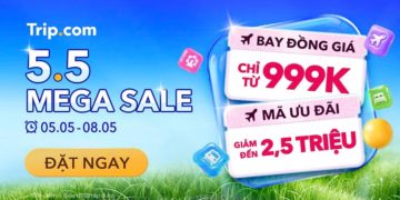 Giao diện chương trình Trip.com 5.5 Mega Sale với ưu đãi vé máy bay quốc tế từ 999K.