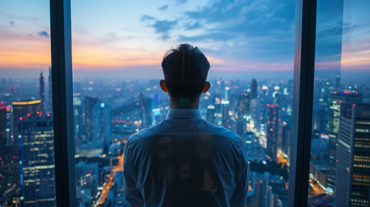 Người đứng đầu đứng lặng nhìn thành phố lúc hoàng hôn