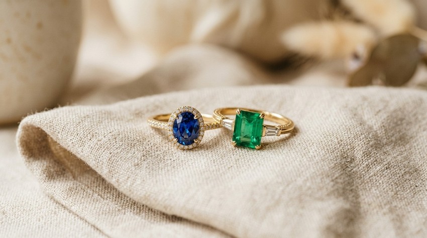 Nhẫn đính hôn đá màu — sapphire và ngọc lục bảo