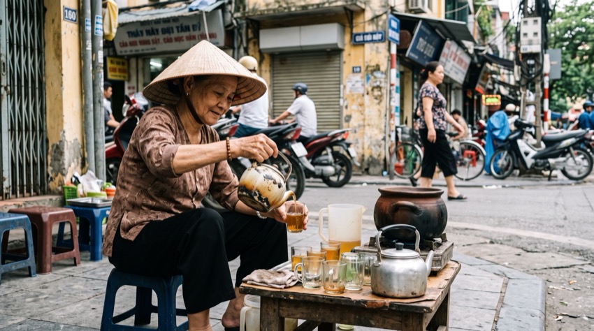 Bà cụ bán nước chè vỉa hè với ghế nhựa và ấm tích cũ